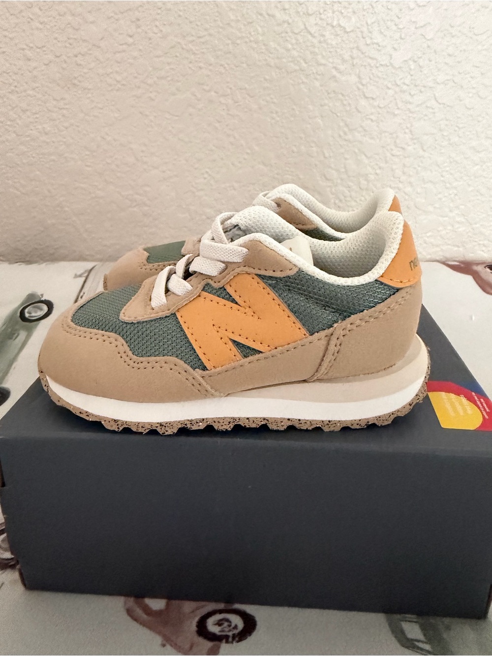New Balance Kids Sneakers in Tan, Green Accent